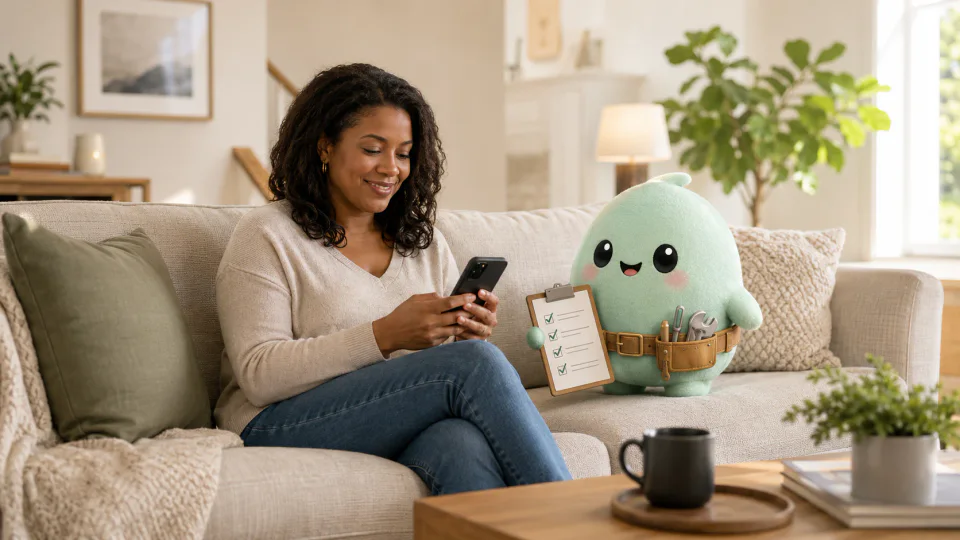 A homeowner using Homevisory beside the mascot holding her home checklist