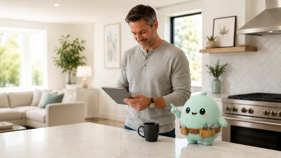 A homeowner reviewing his home plan on a tablet beside the Homevisory mascot