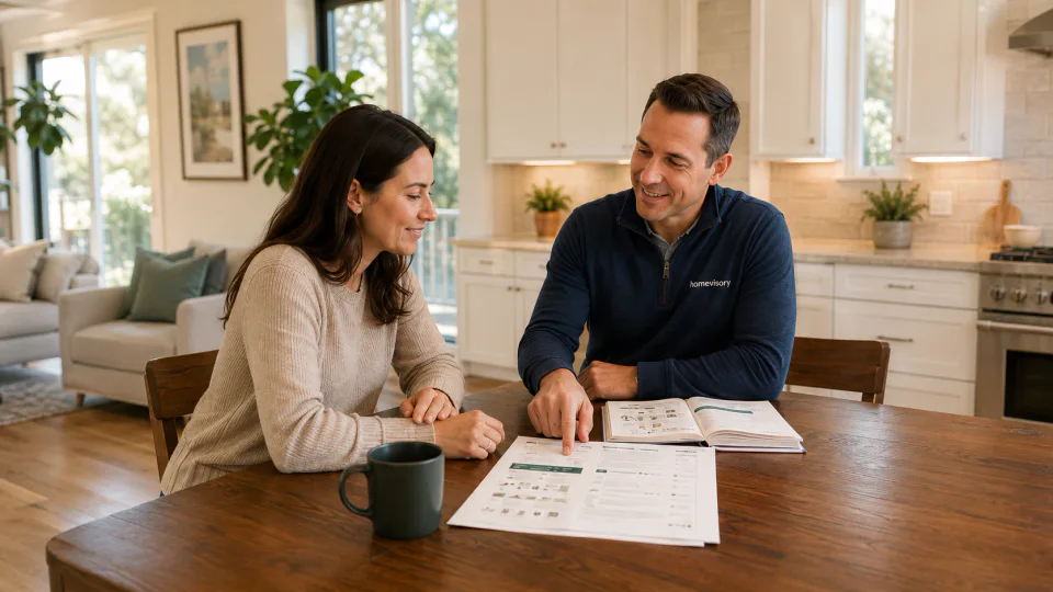A Homevisory advisor helping a homeowner review a personalized home plan