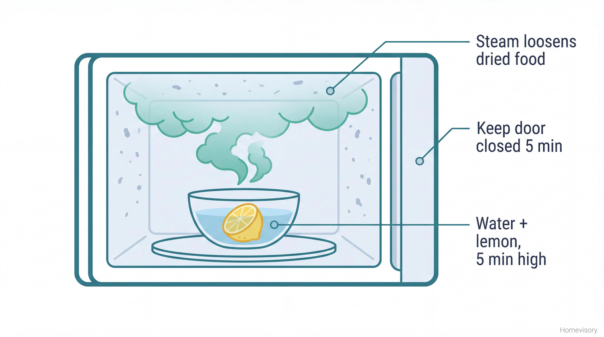 Cross-section illustration of a microwave showing steam rising from a bowl of water and lemon, with callouts explaining how steam loosens dried food when the door stays closed