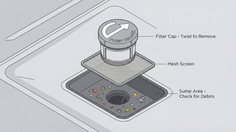 Dishwasher filter and sump area diagram showing cylindrical filter cap with twist-to-remove arrow, mesh screen, and sump area where debris collects