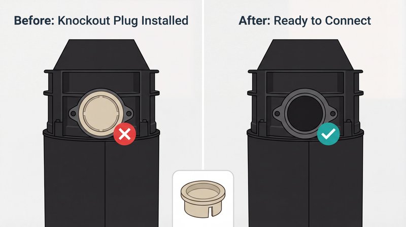 Before and after comparison of garbage disposal knockout plug showing blocked inlet port on left with X mark and open inlet ready to connect on right with checkmark
