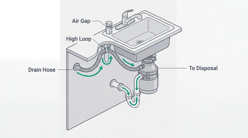 Diagram showing dishwasher drainage system under kitchen sink including drain hose, high loop, air gap, and garbage disposal connection with water flow arrows