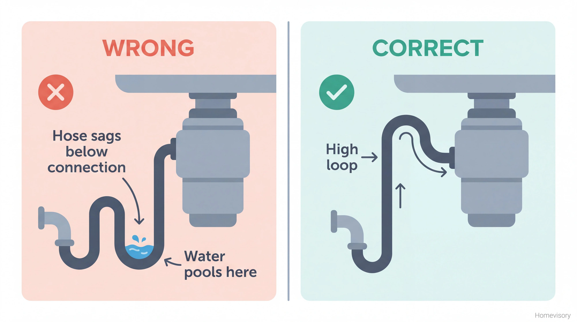 Side-by-side comparison showing incorrect drain hose position with sag versus correct high loop installation