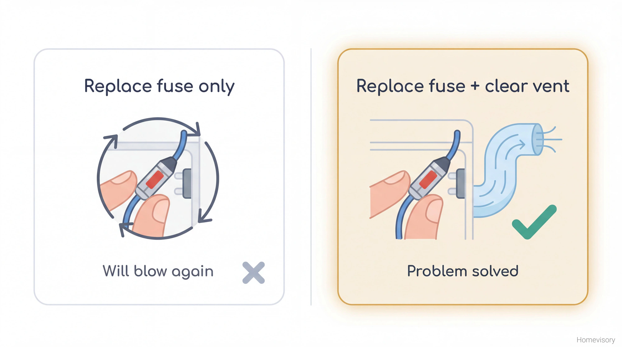 Comparison showing that replacing just the thermal fuse leads to repeat failures, while replacing the fuse and clearing the vent solves the problem completely