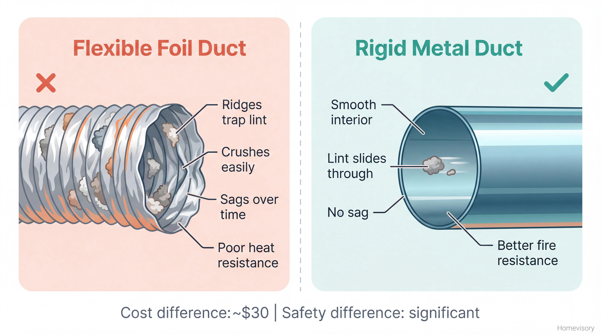Comparison illustration showing flexible foil duct with lint-trapping ridges versus smooth rigid metal duct with labeled benefits and drawbacks