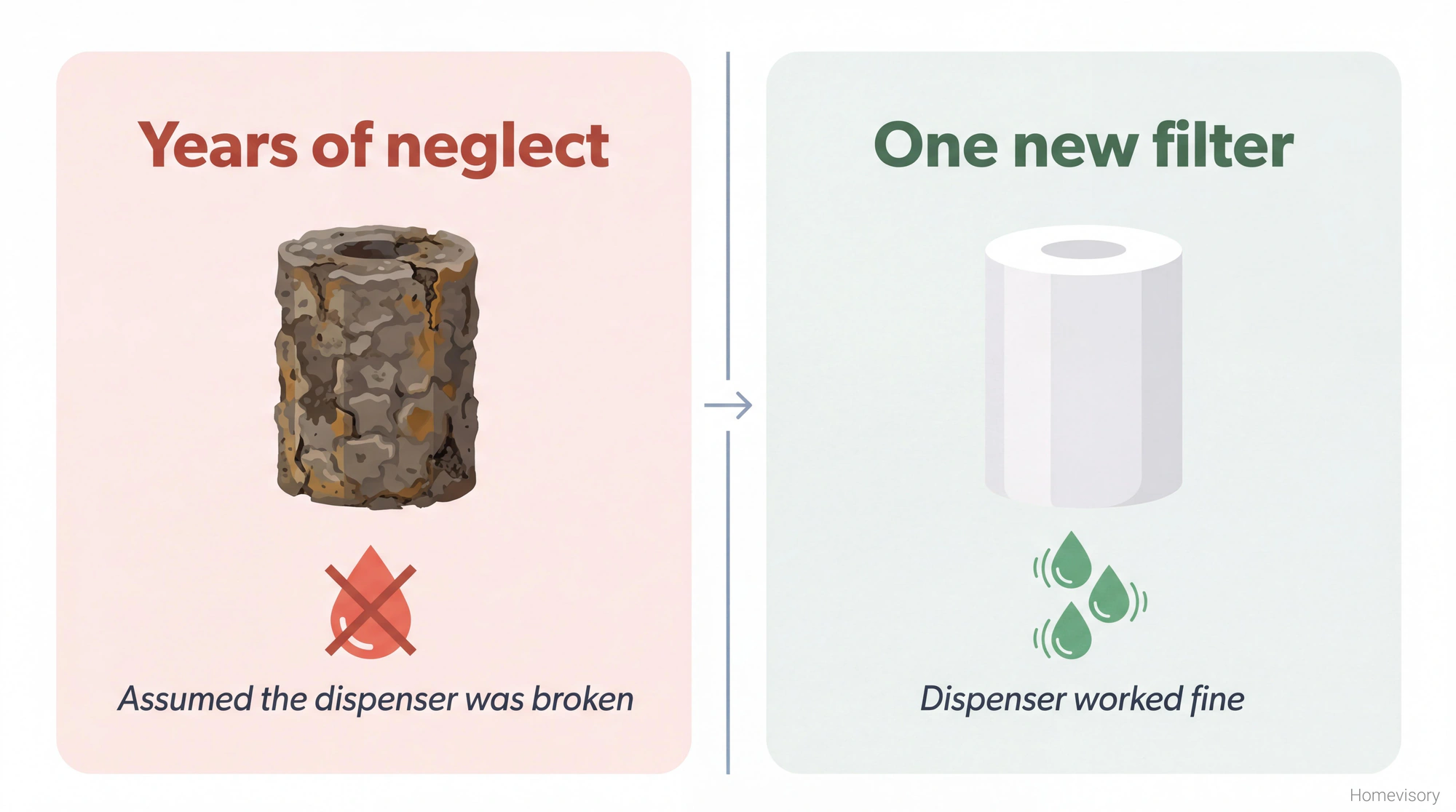 Before and after comparison showing years-old hardened filter versus new filter, illustrating that a broken dispenser was actually just a clogged filter