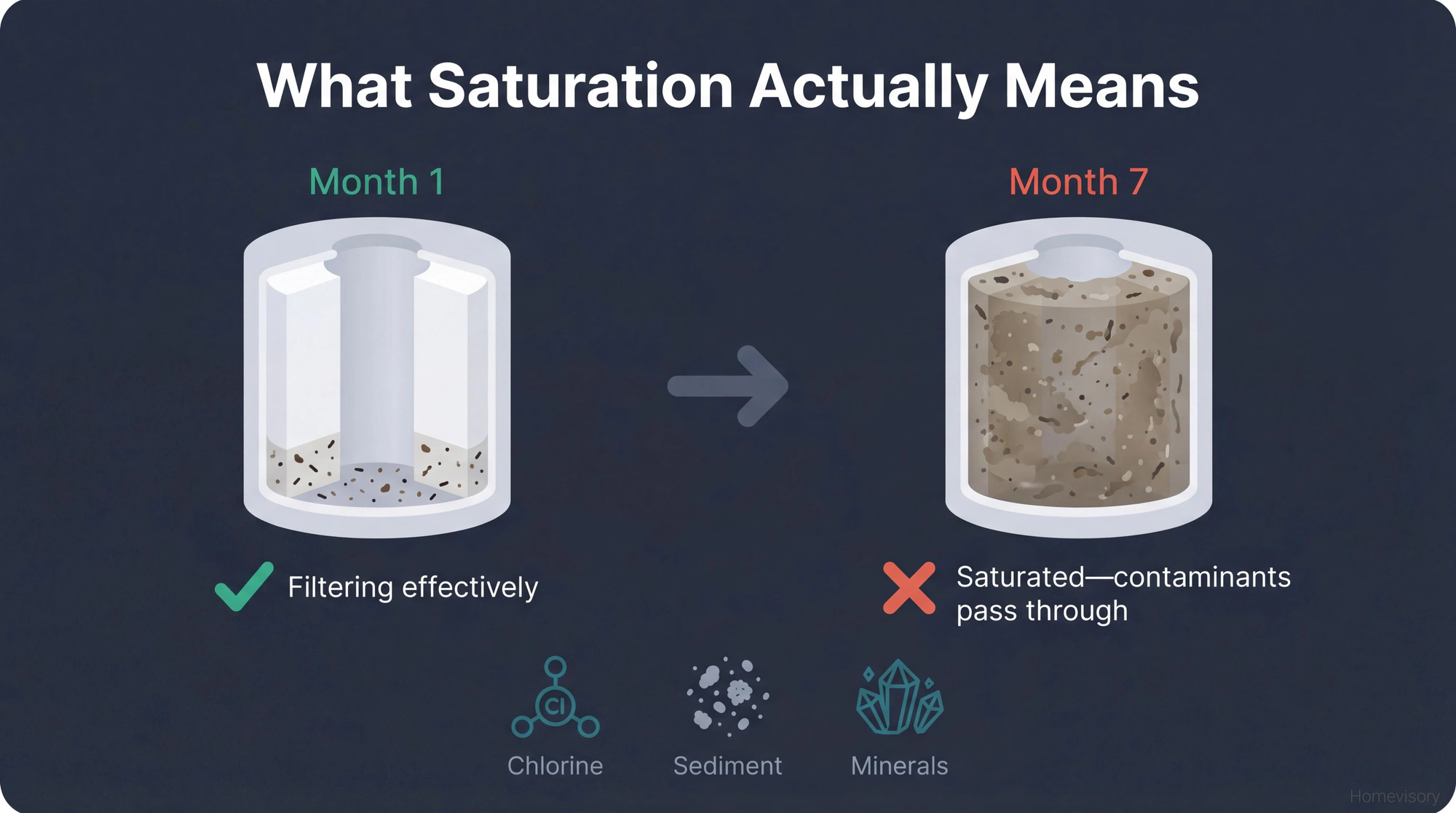 Comparison showing new filter with 10% contaminants versus saturated 7-month filter completely filled with trapped particles
