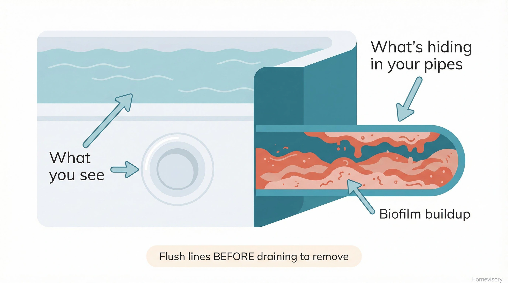 Cross-section illustration of hot tub plumbing showing clear water visible on the surface but hidden biofilm buildup inside the pipes that must be flushed before draining