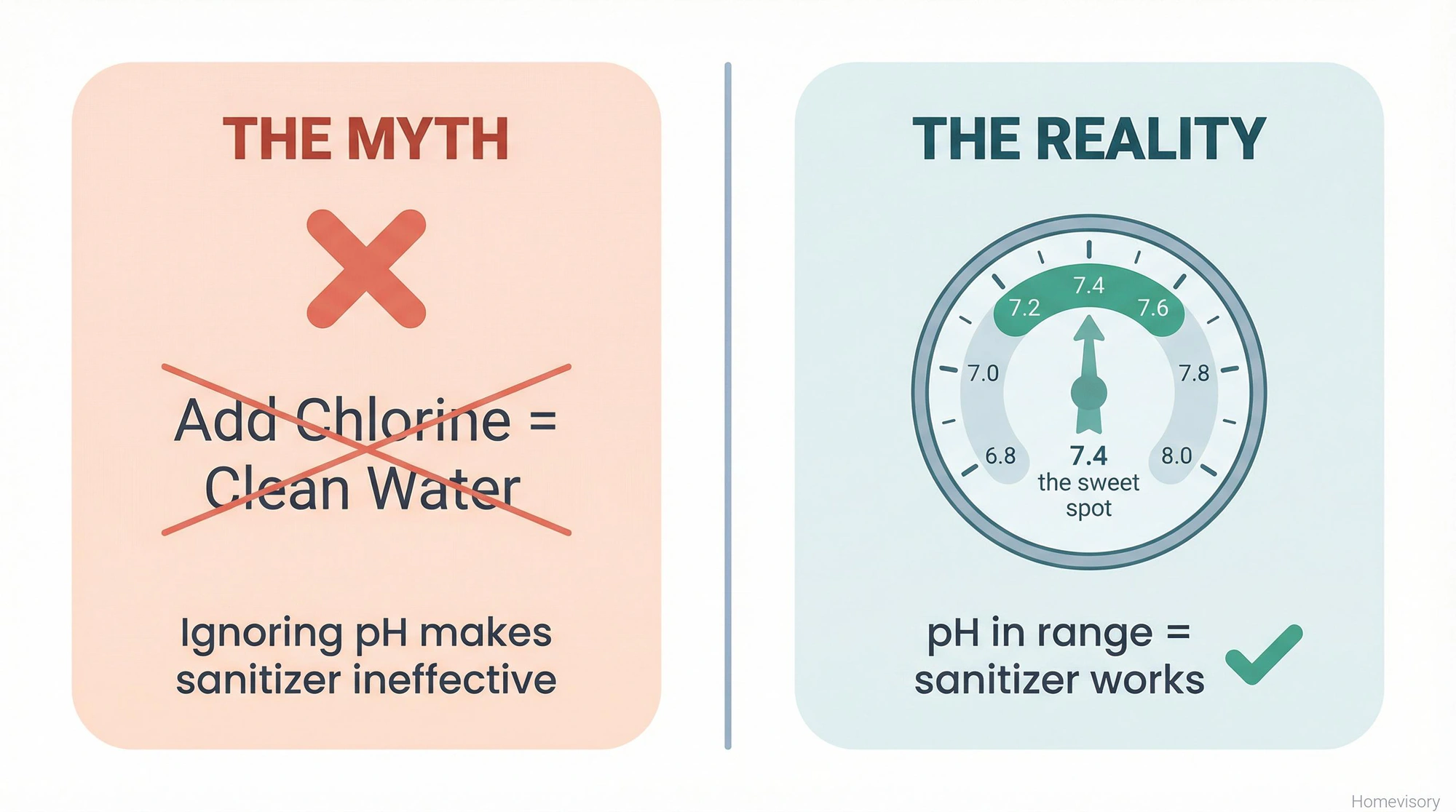 Two-panel comparison showing the myth that adding chlorine alone cleans water versus the reality that pH must be in the 7.2-7.6 range for sanitizer to work effectively
