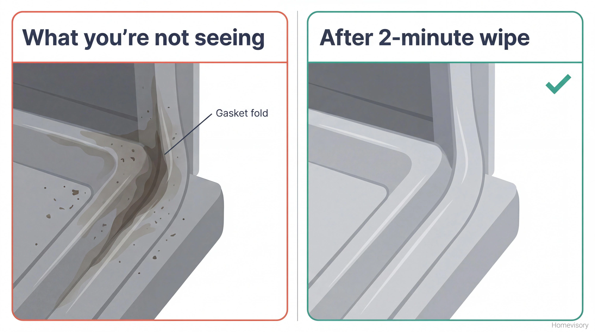 Split comparison showing dishwasher door gasket with hidden grime buildup on left versus clean gasket after wiping on right