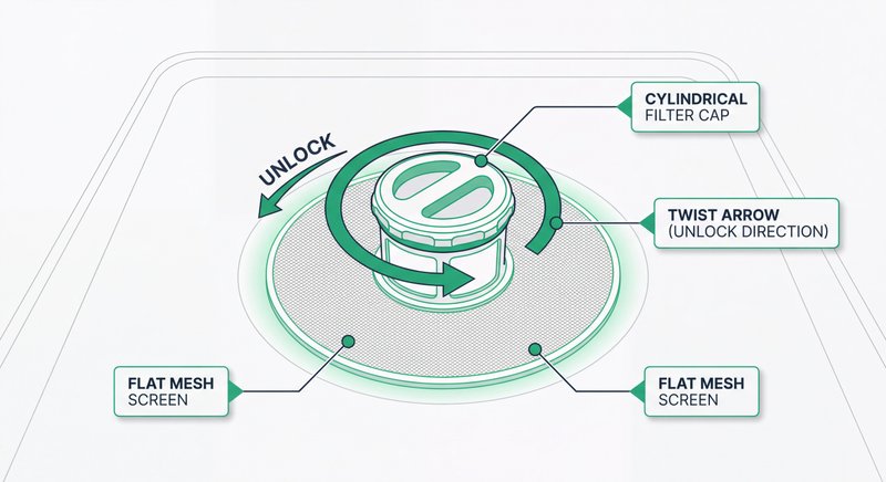 Infographic showing the location of the dishwasher filter at the bottom of the tub with labeled parts including filter cap, mesh screen, and drain area