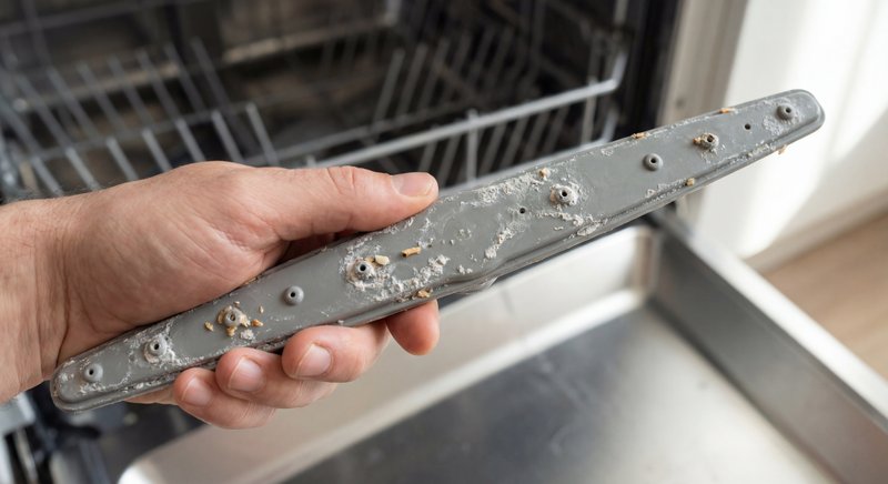 Close-up of a dishwasher spray arm showing the small water spray holes with visible mineral buildup and debris