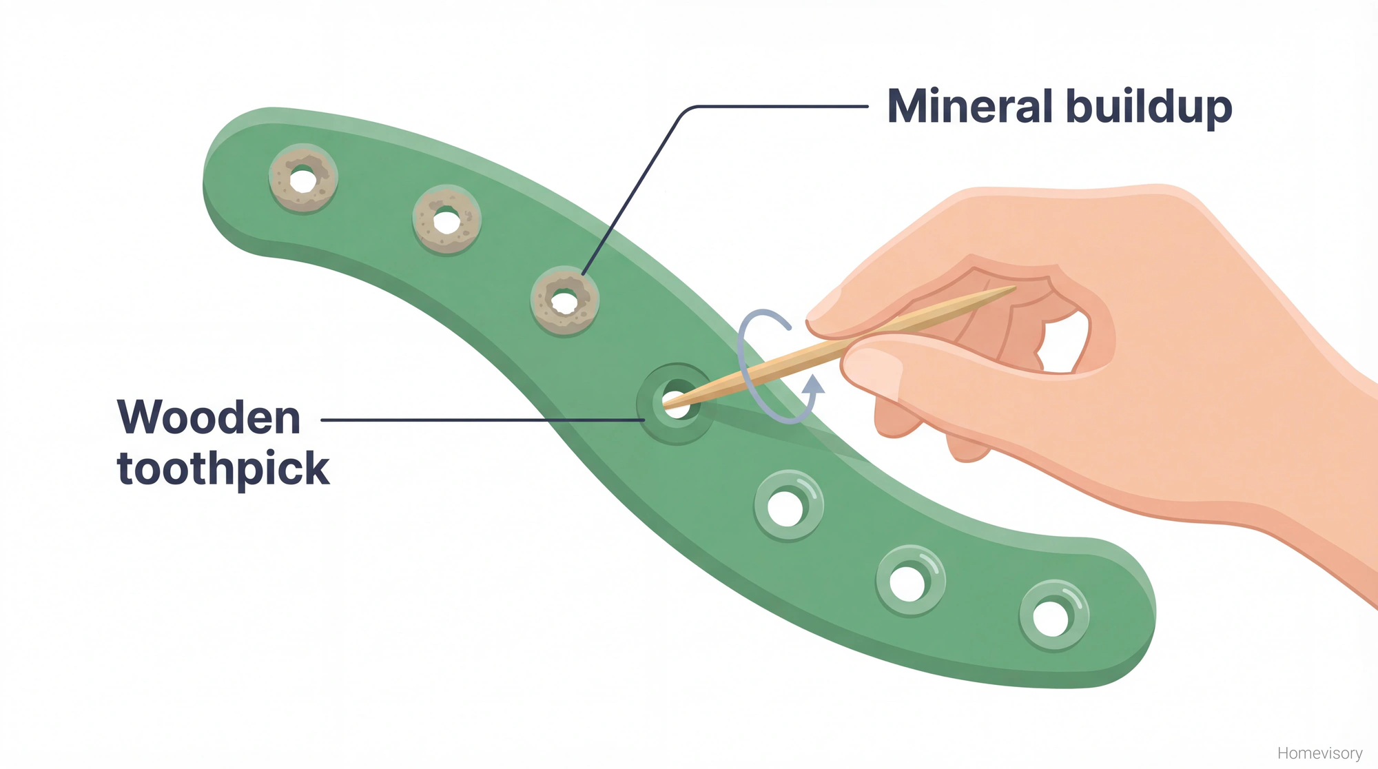 Close-up illustration showing proper technique for cleaning spray arm holes using a wooden toothpick with rotation motion, highlighting mineral buildup in clogged holes