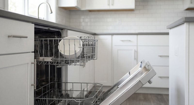 Dishwasher-safe bowl filled with white vinegar placed on the top rack ready for a cleaning cycle