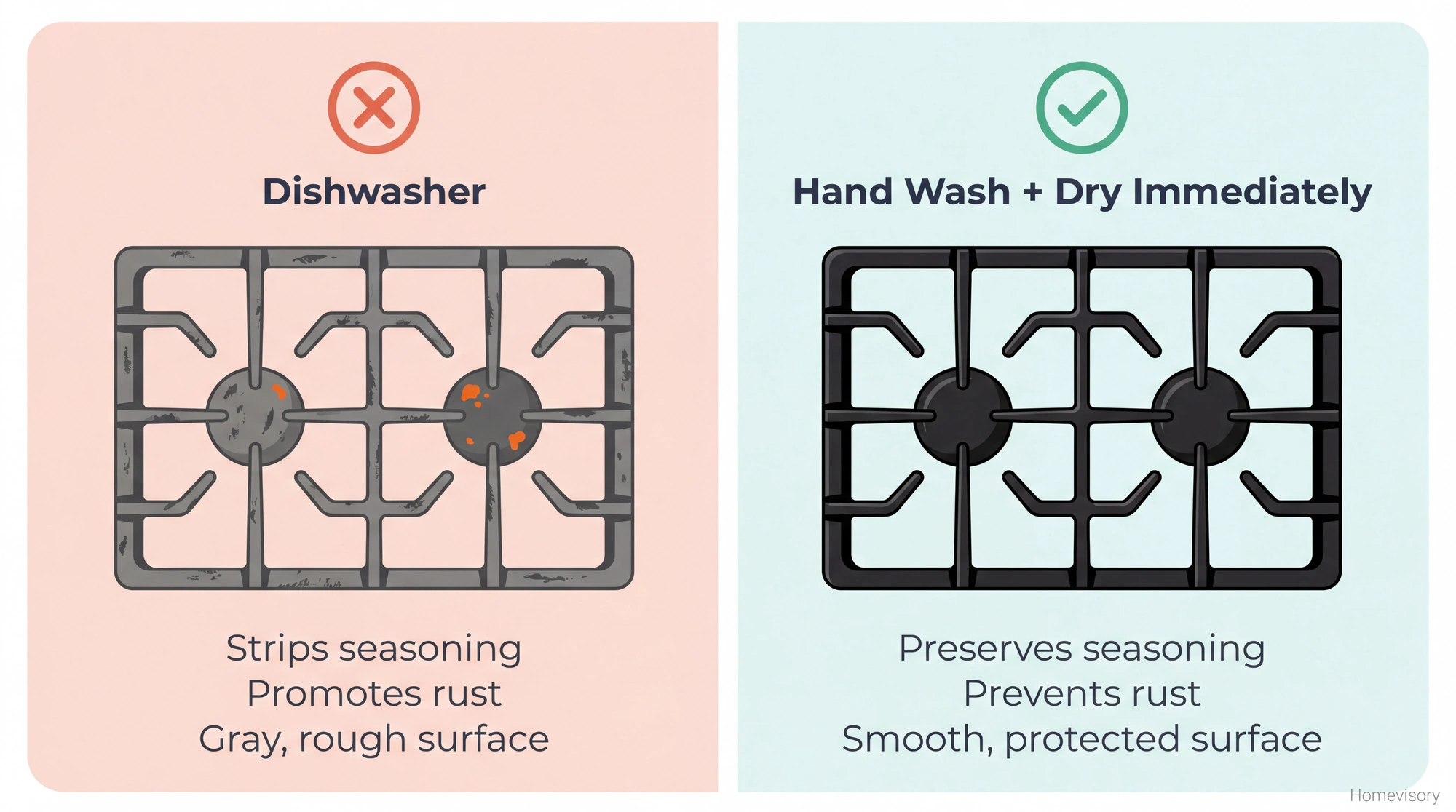Side-by-side comparison showing damaged cast iron grate from dishwasher use versus healthy hand-washed cast iron grate