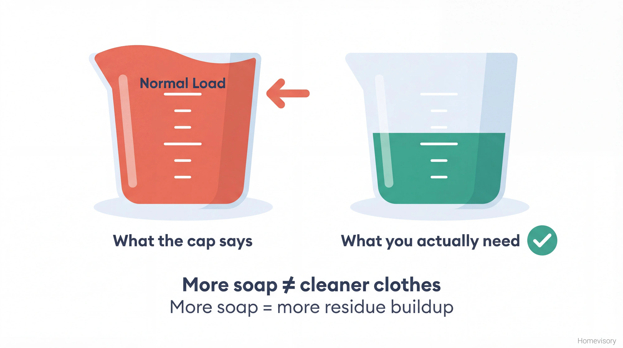 Comparison of two detergent measuring cups showing manufacturer's suggested amount versus the smaller amount actually needed, demonstrating that most people use double the necessary detergent