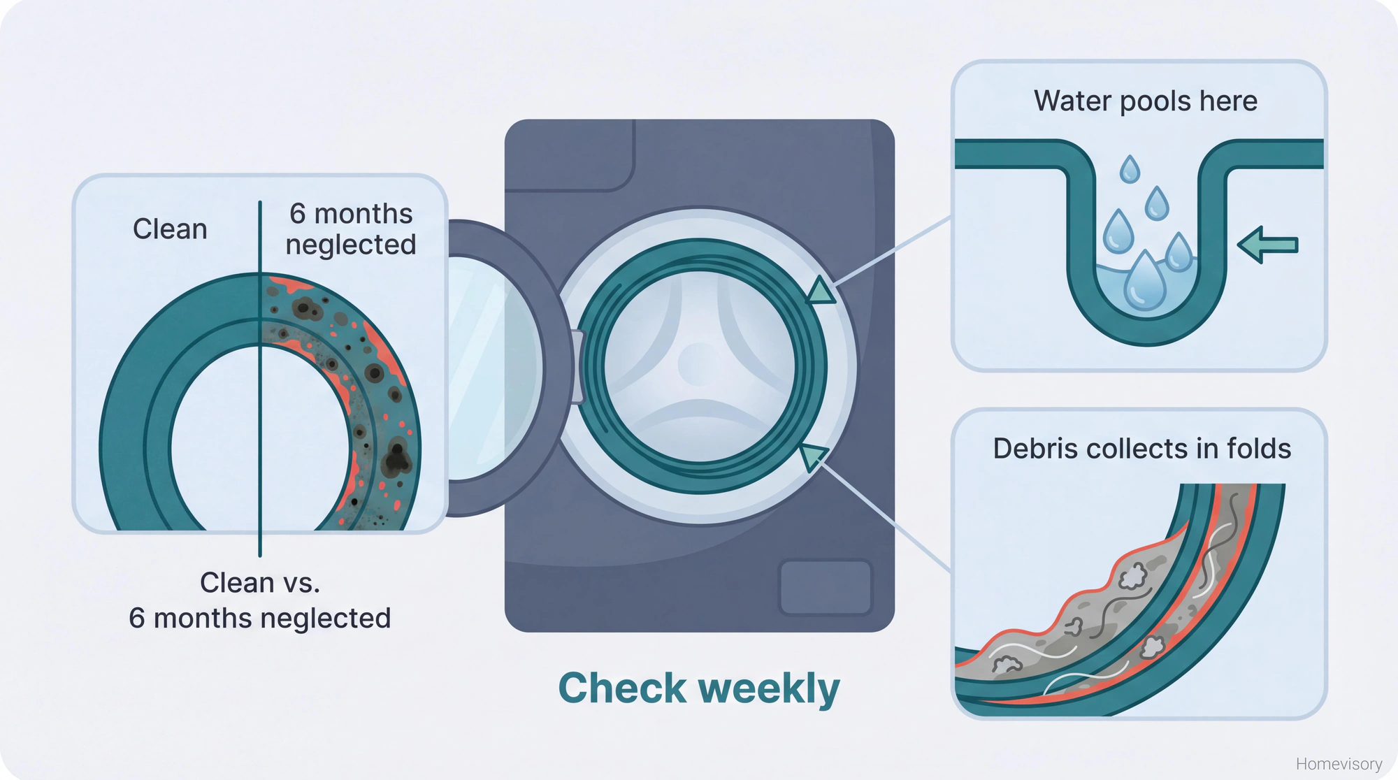 Anatomical diagram of a front-load washer door seal showing three magnified views of where water pools, debris collects, and mold grows in the rubber gasket folds