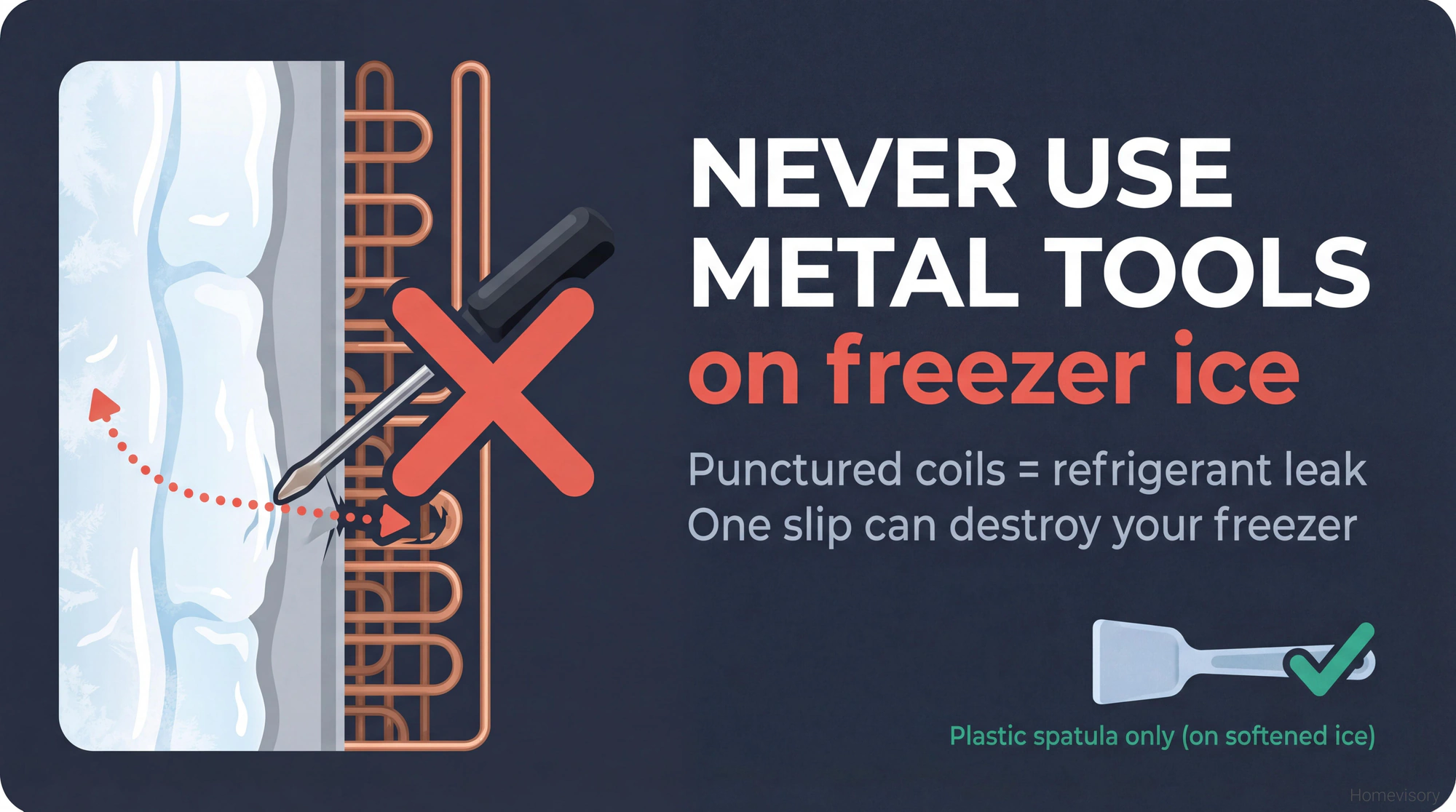 Warning graphic showing never to use metal tools like screwdrivers on freezer ice, with illustration of how thin the wall is between ice and evaporator coils