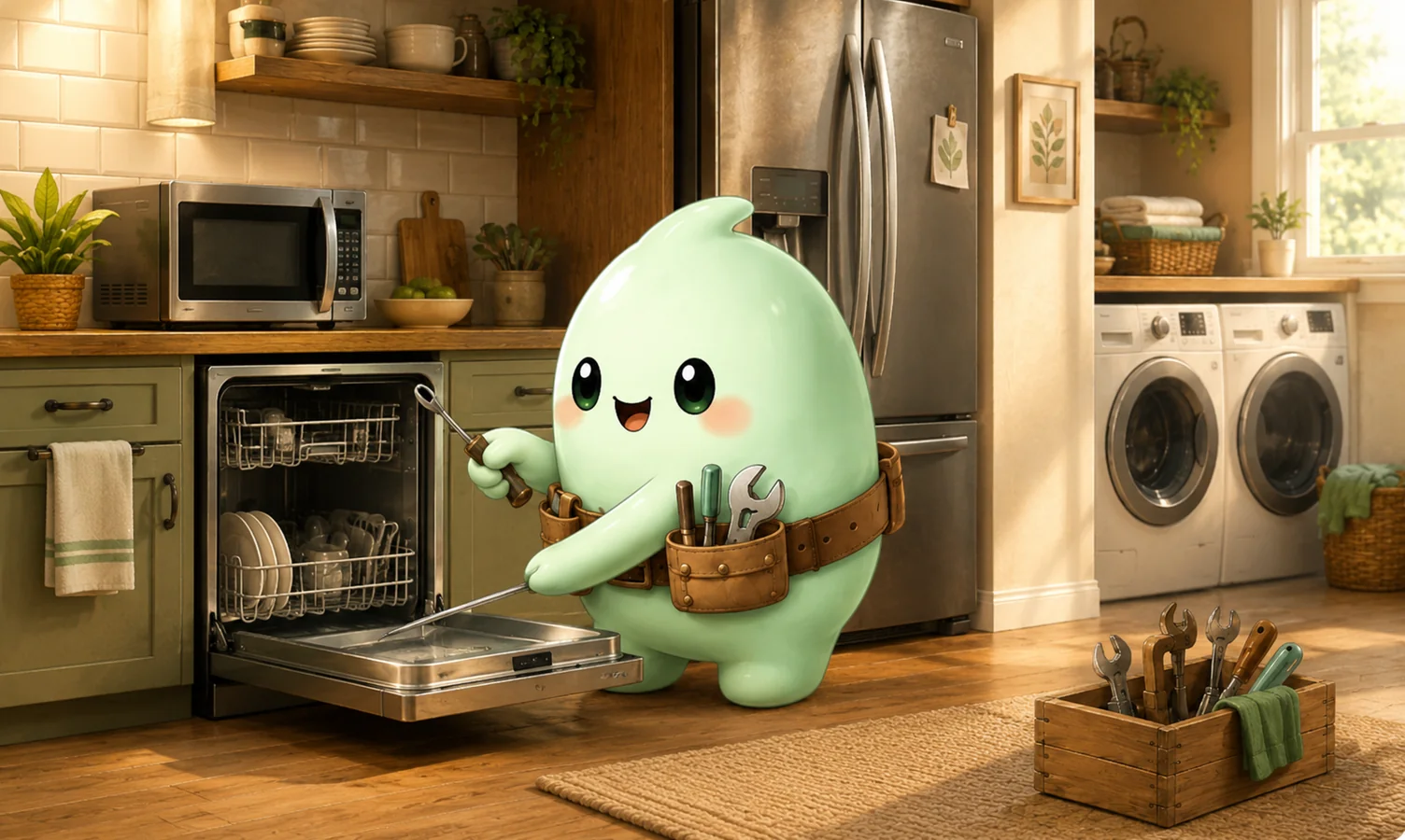 Homevisory mascot inspecting an open dishwasher in a kitchen
