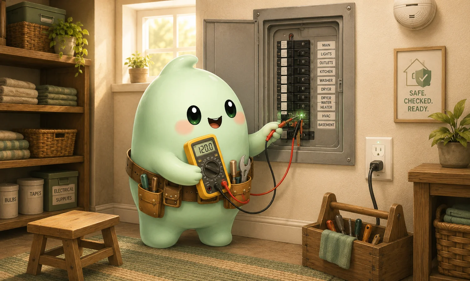 Homevisory mascot testing an electrical panel with a multimeter