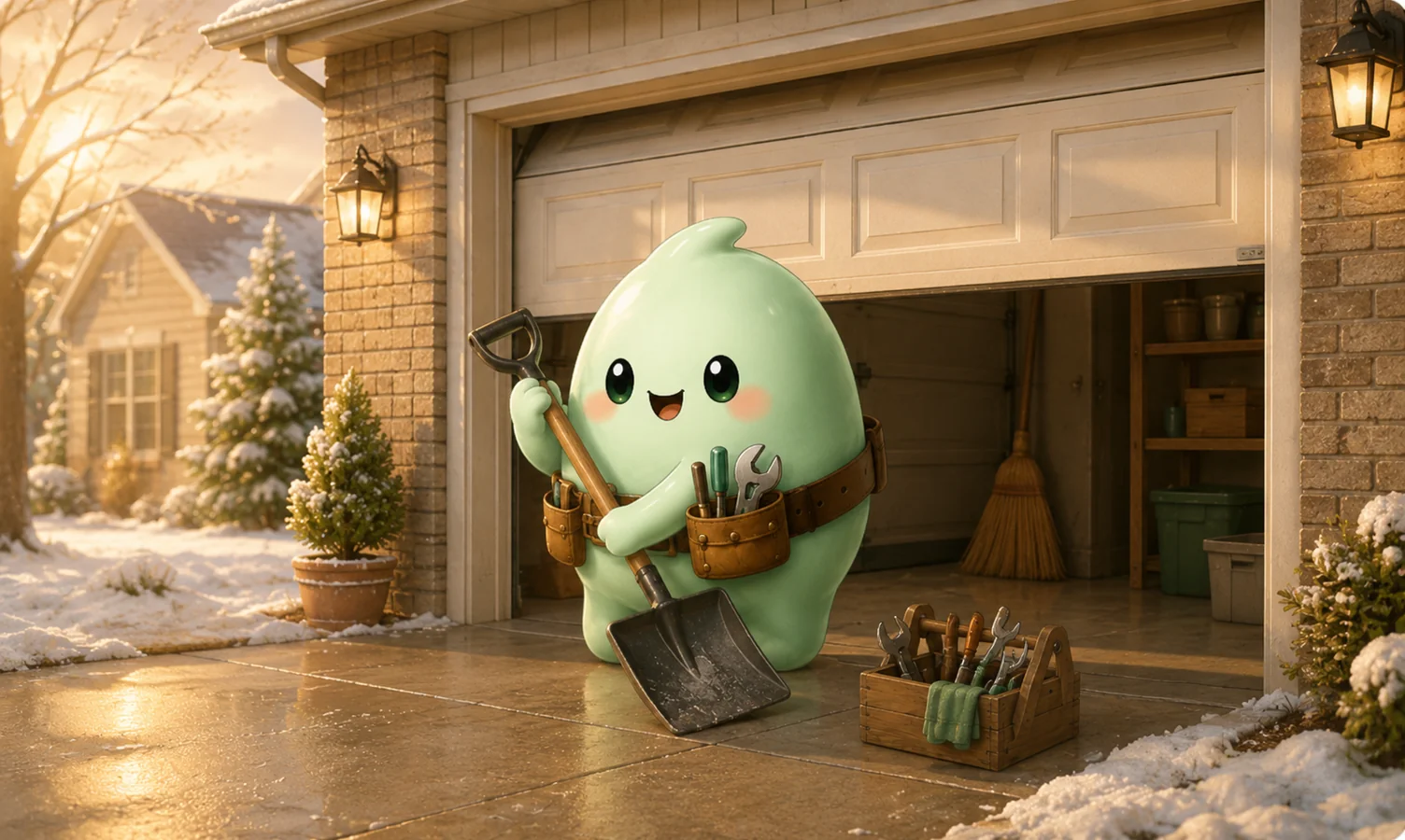 Homevisory mascot with a snow shovel in front of a garage door