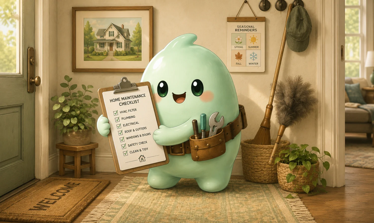Homevisory mascot holding a home maintenance checklist in a cozy entryway