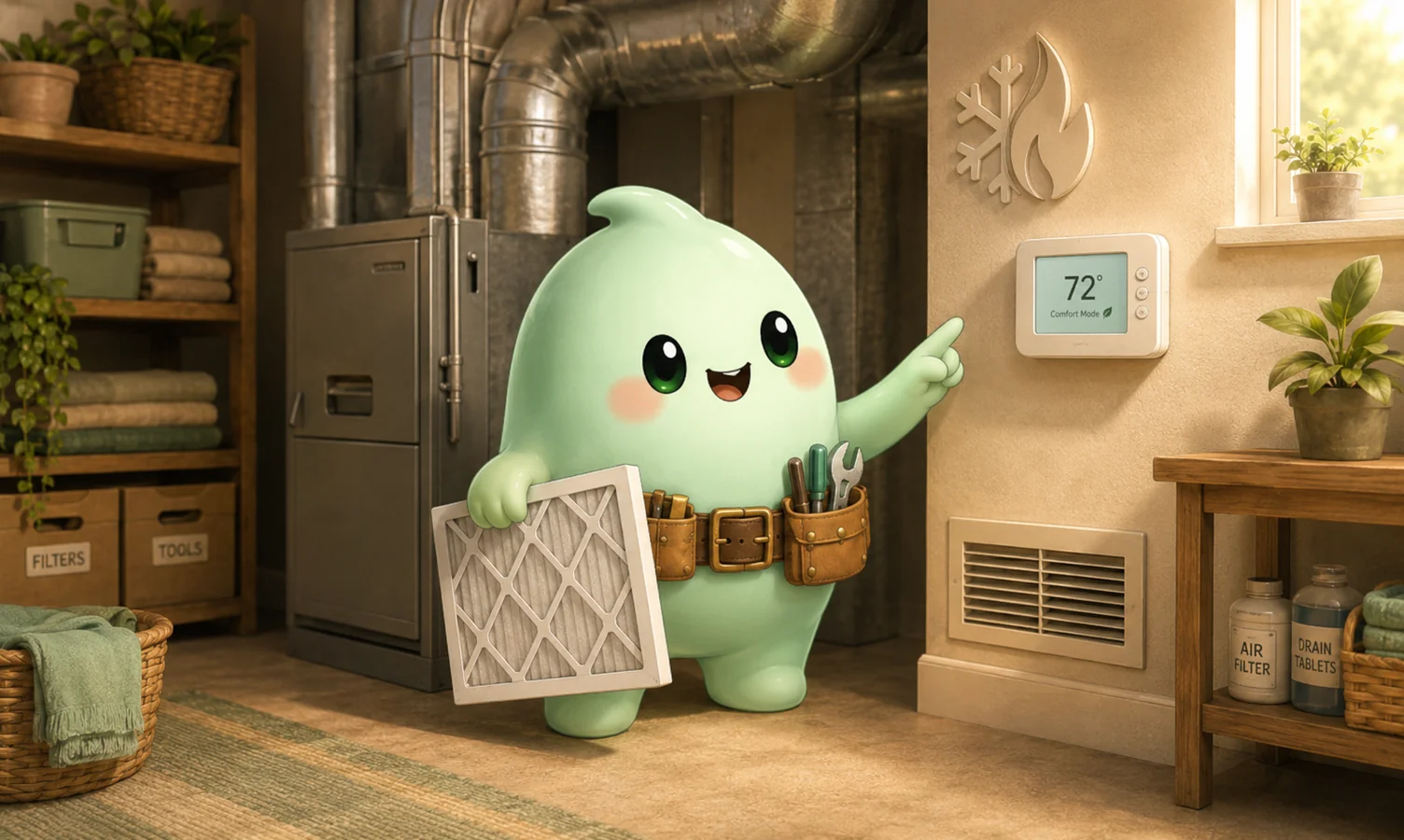 Homevisory mascot holding an air filter beside a wall thermostat