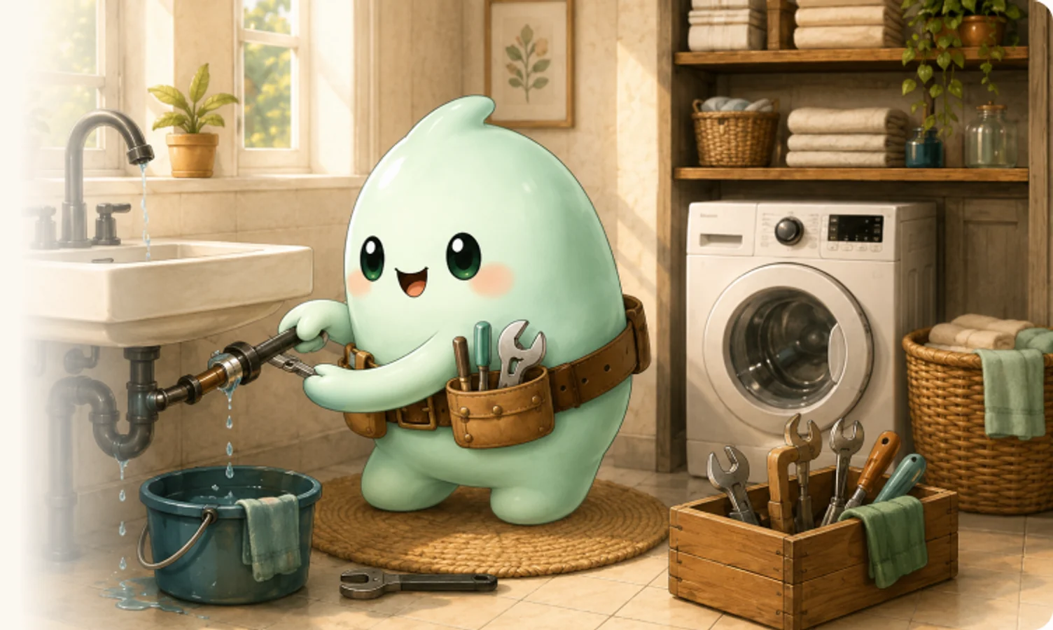 Homevisory mascot fixing a kitchen sink