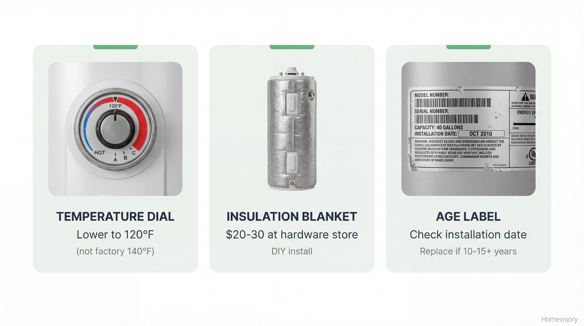Three water heater checkpoints: temperature dial to lower to 120°F, insulation blanket for $20-30, and age label to check if unit is over 10-15 years old