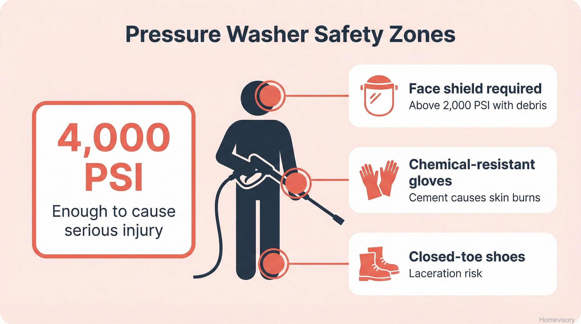 Safety diagram showing a human figure with highlighted danger zones for pressure washing—eyes requiring face shield, hands requiring gloves, feet requiring closed-toe shoes—with a callout noting 4,000 PSI can cause serious injury