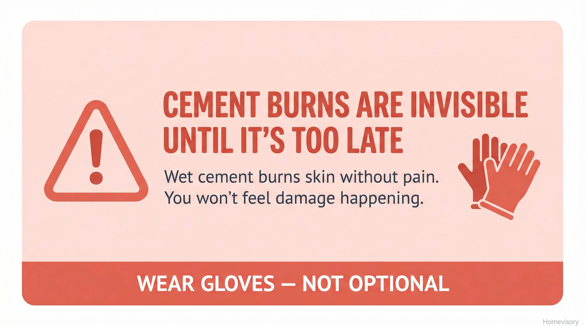 Safety warning stating cement burns are invisible until damage is done, emphasizing that wearing gloves is not optional