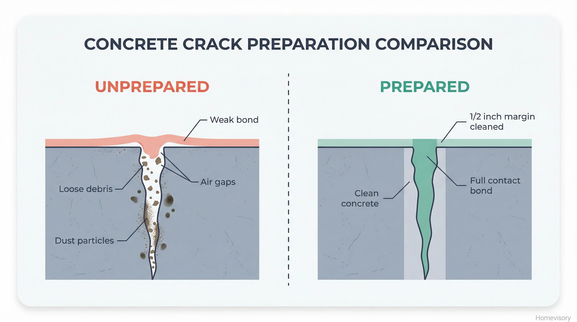 Cross-section comparison showing unprepared crack with debris and air gaps versus properly prepared crack with clean surfaces and full filler contact