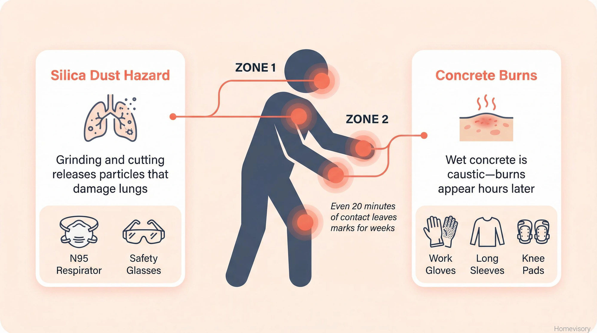 Human figure diagram showing two concrete work hazards: silica dust affecting lungs requiring respirator and glasses, and concrete burns affecting skin requiring gloves, sleeves, and knee pads