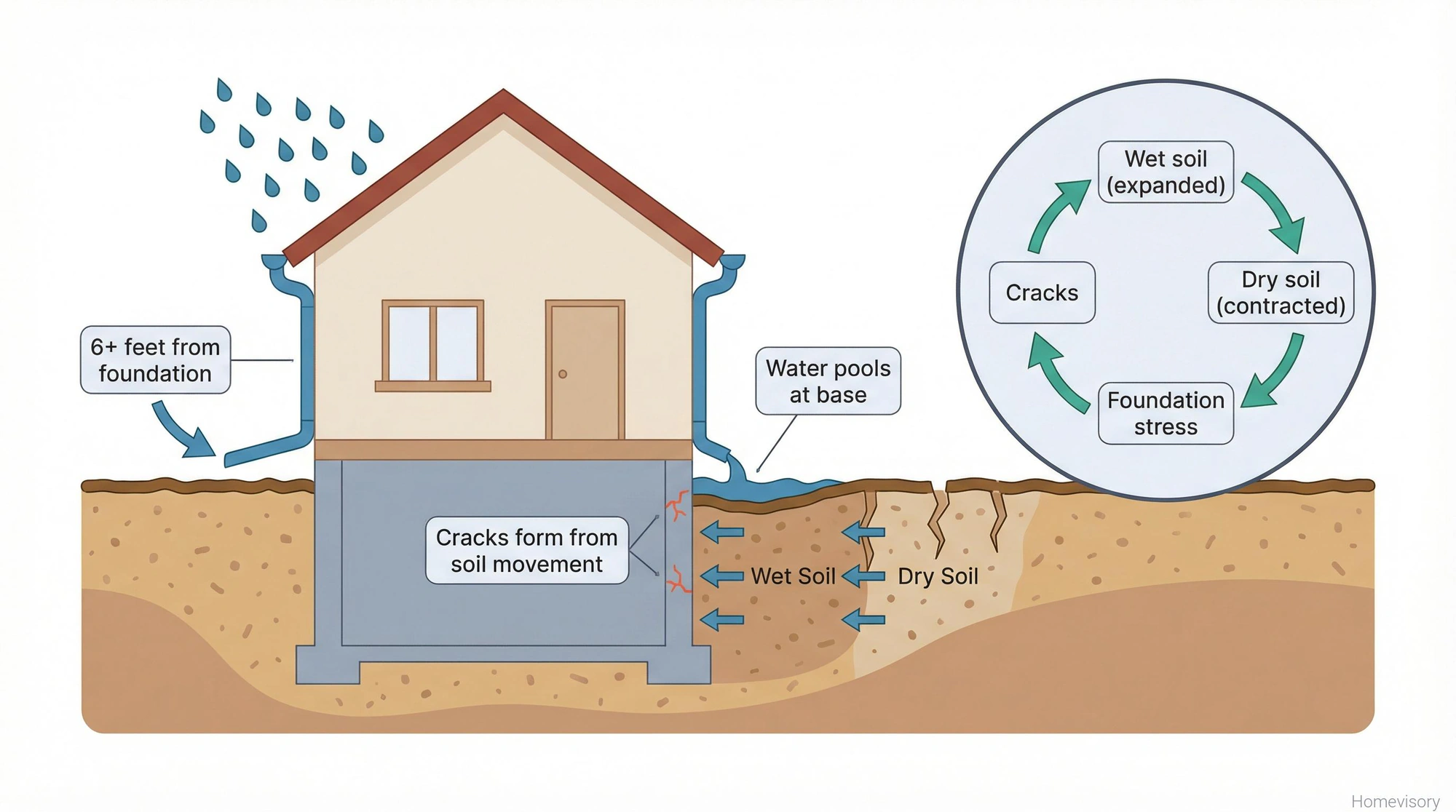 Cross-section diagram showing how improper drainage and clay soil expansion and contraction cycles cause foundation cracks, with proper vs improper gutter placement illustrated