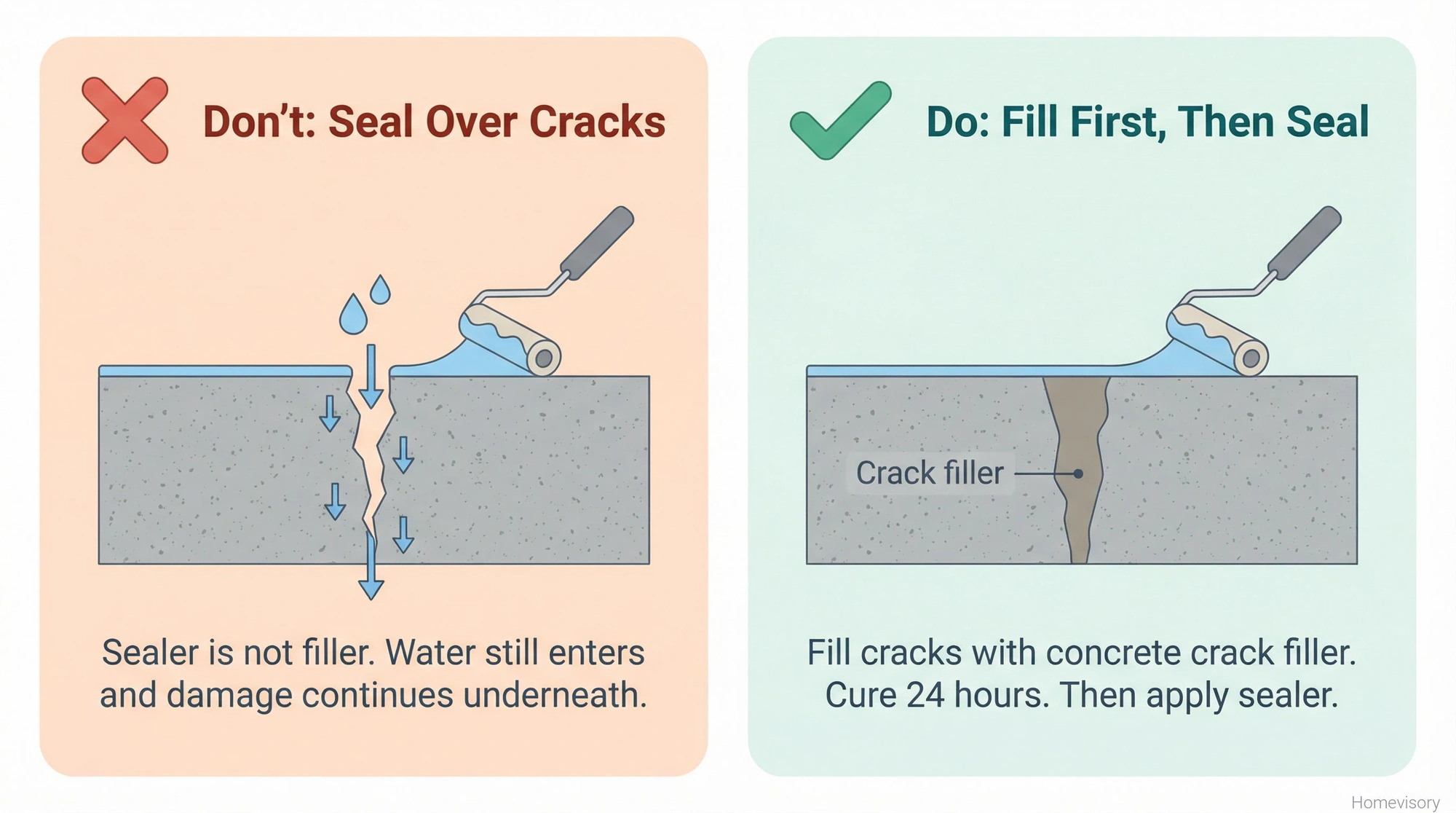 Comparison showing incorrect method of sealing over cracks versus correct method of filling cracks first then sealing