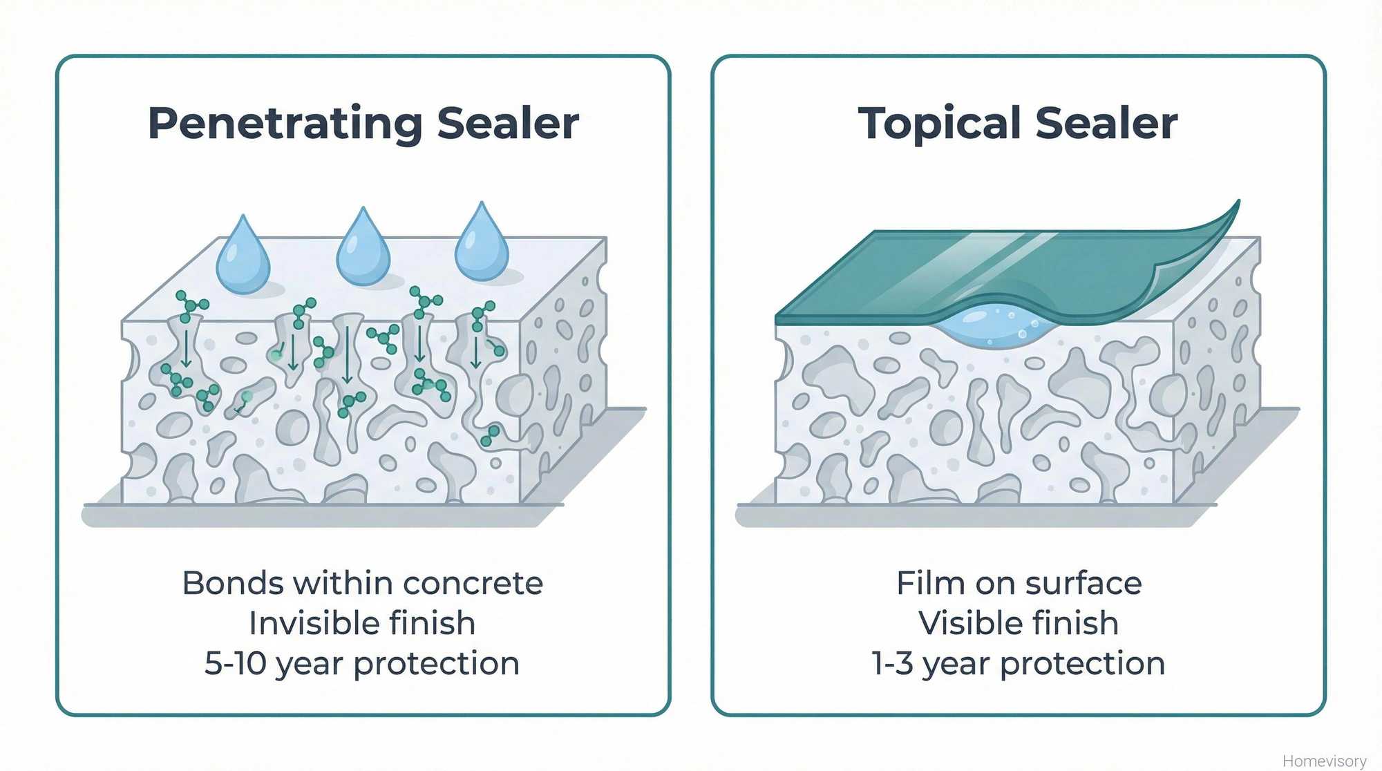 Cross-section comparison showing penetrating sealer absorbing into concrete pores versus topical sealer sitting as a film on the surface