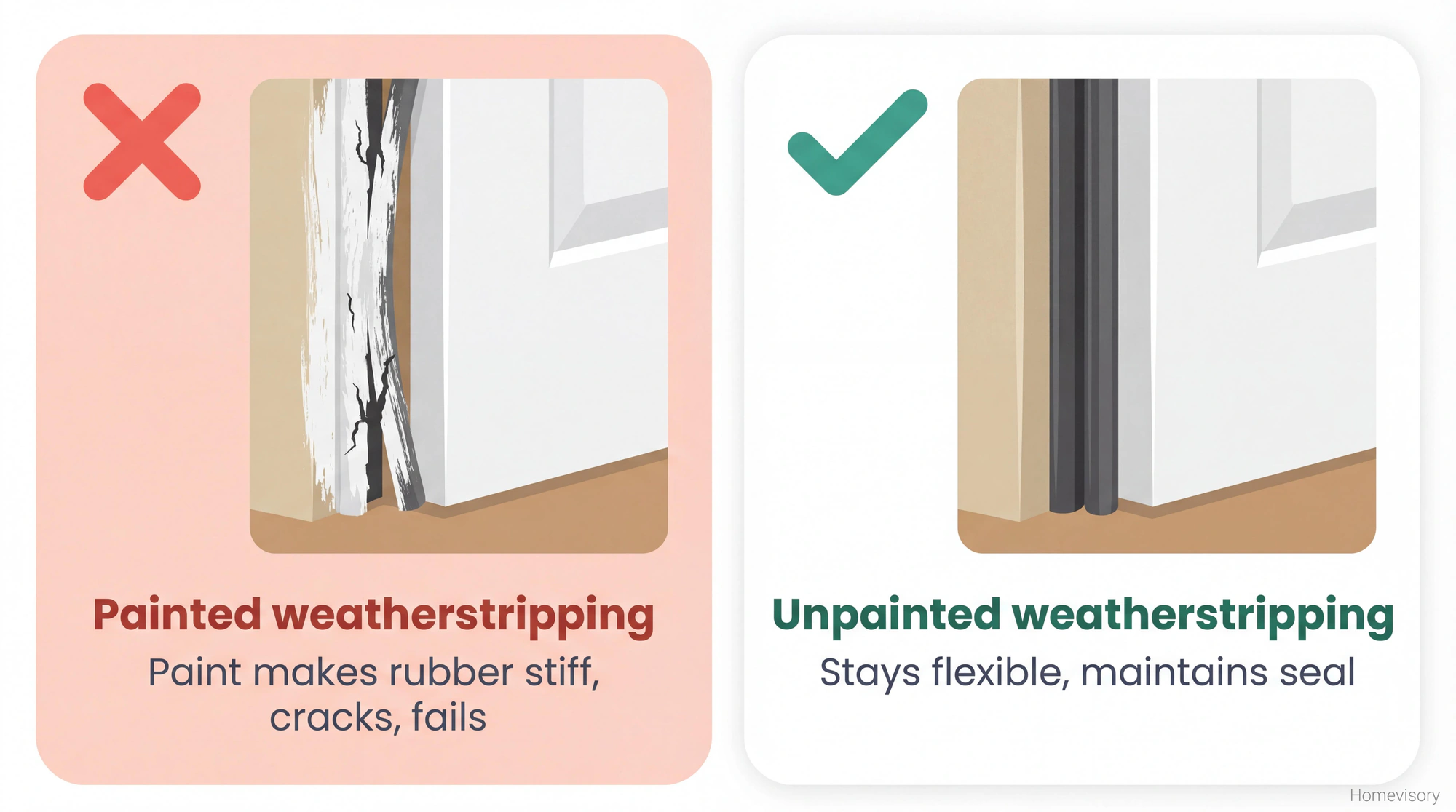 Comparison showing painted weatherstripping that has cracked and failed versus unpainted weatherstripping that remains flexible and sealed