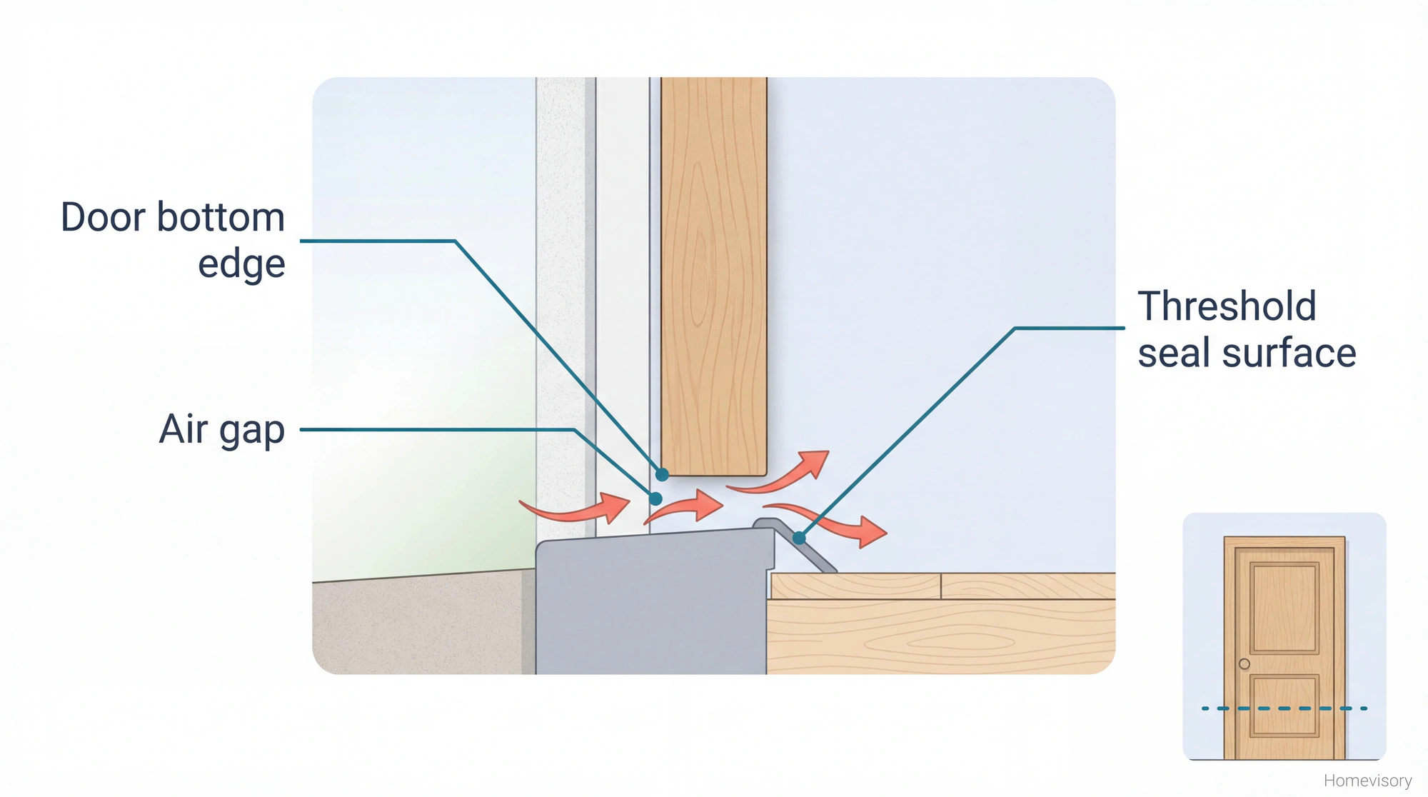 Cross-section diagram showing the gap between a door bottom and threshold where air infiltrates, with labeled callouts for door bottom edge, threshold seal surface, and air gap