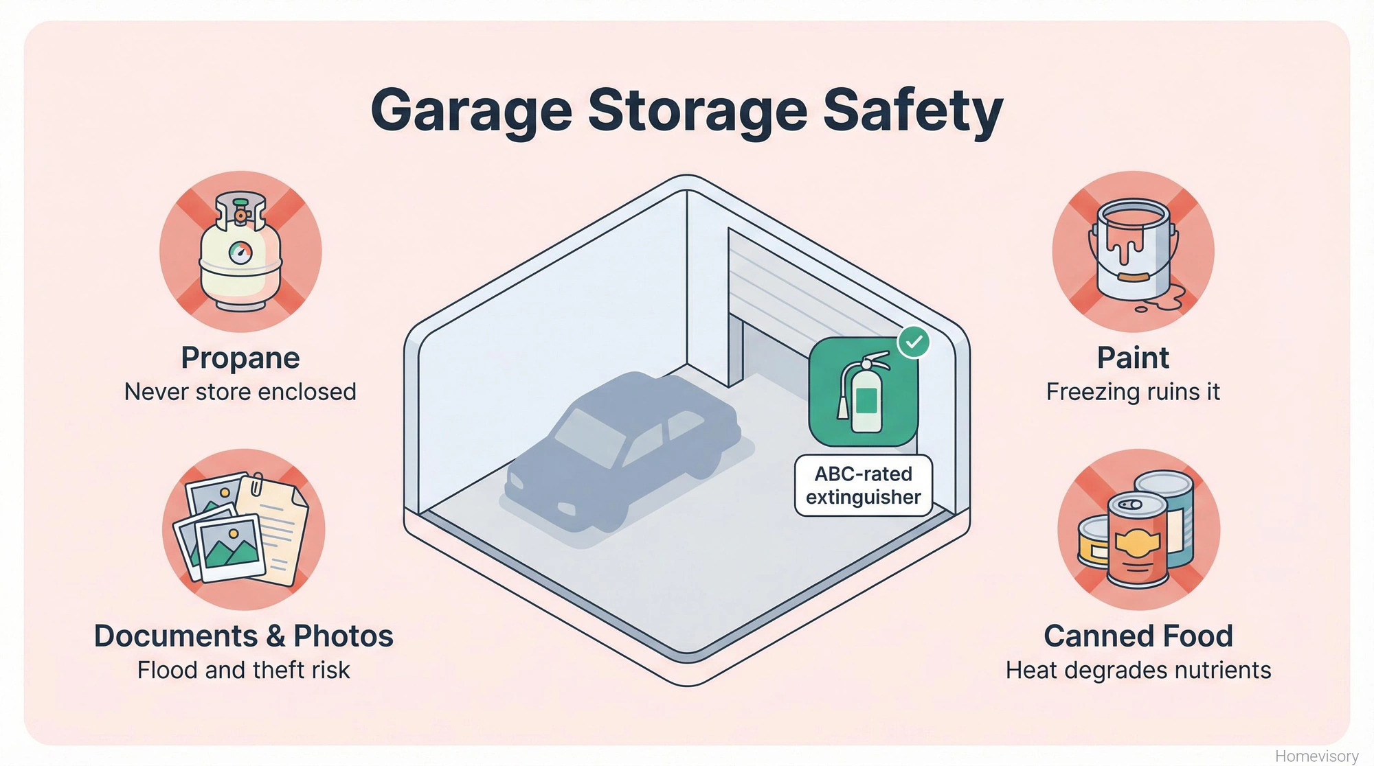 Safety diagram showing items that should not be stored in a garage including propane, paint, documents, and canned food, with fire extinguisher as the recommended safety addition