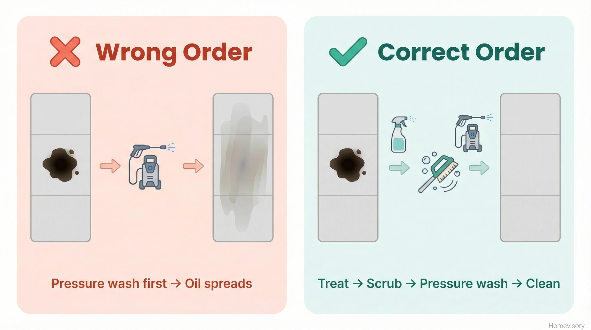 Side-by-side comparison showing wrong pressure washing order spreading oil stain versus correct order of treating, scrubbing, then pressure washing to remove stain completely