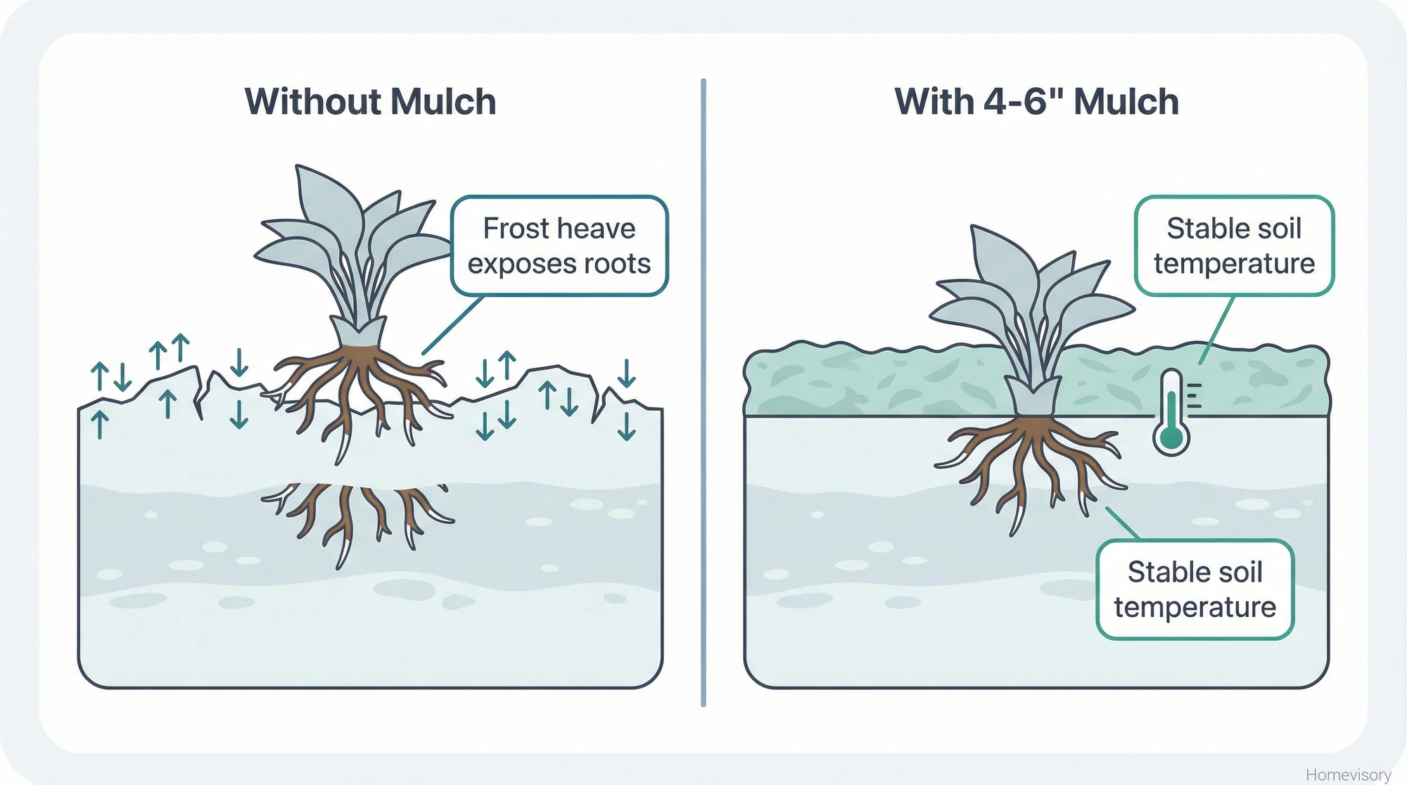 Cross-section diagram comparing soil with and without mulch during freeze-thaw cycles, showing how unmulched soil heaves and exposes plant roots while mulched soil remains stable
