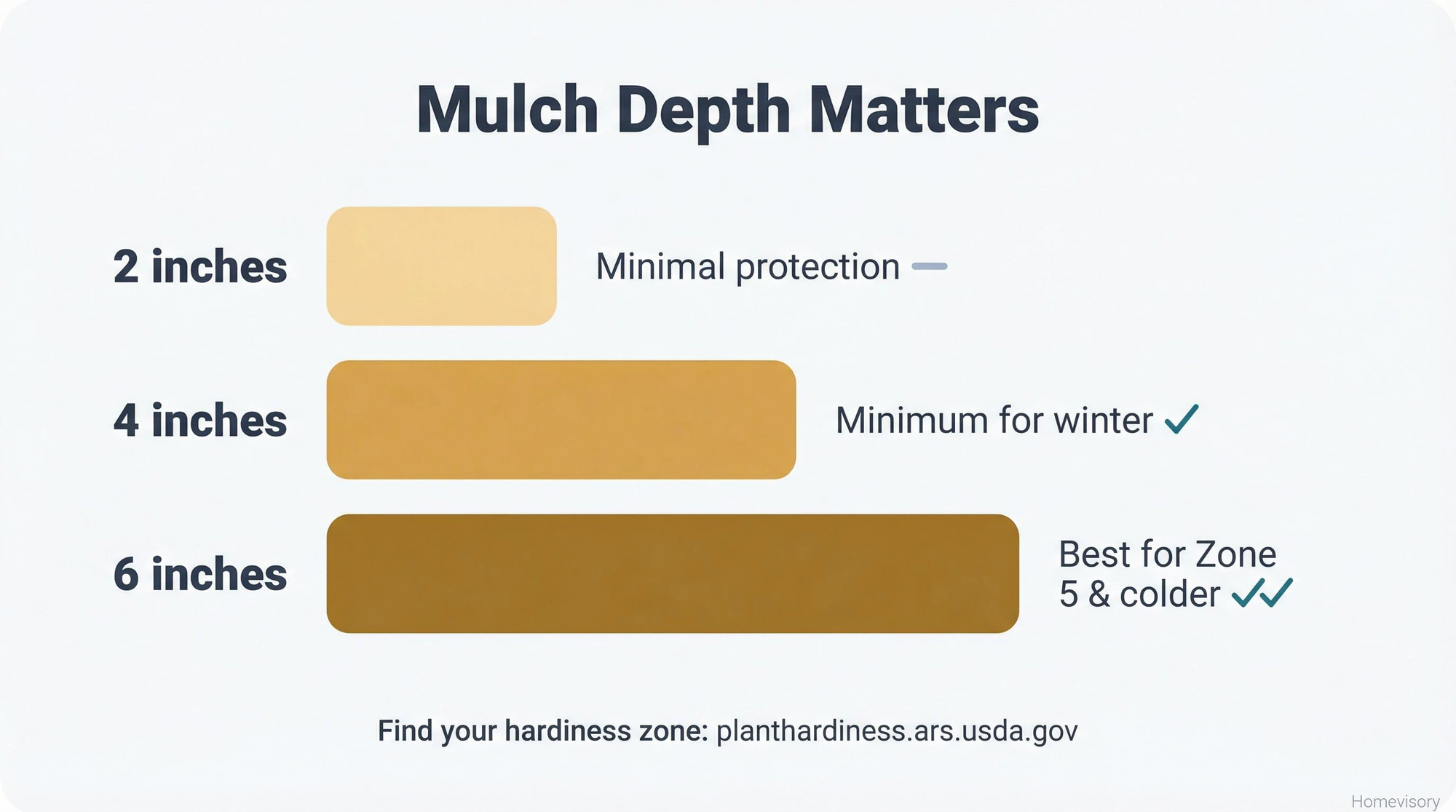 Bar chart comparing mulch depth effectiveness: 2 inches provides minimal protection, 4 inches is the minimum for winter, 6 inches is best for Zone 5 and colder