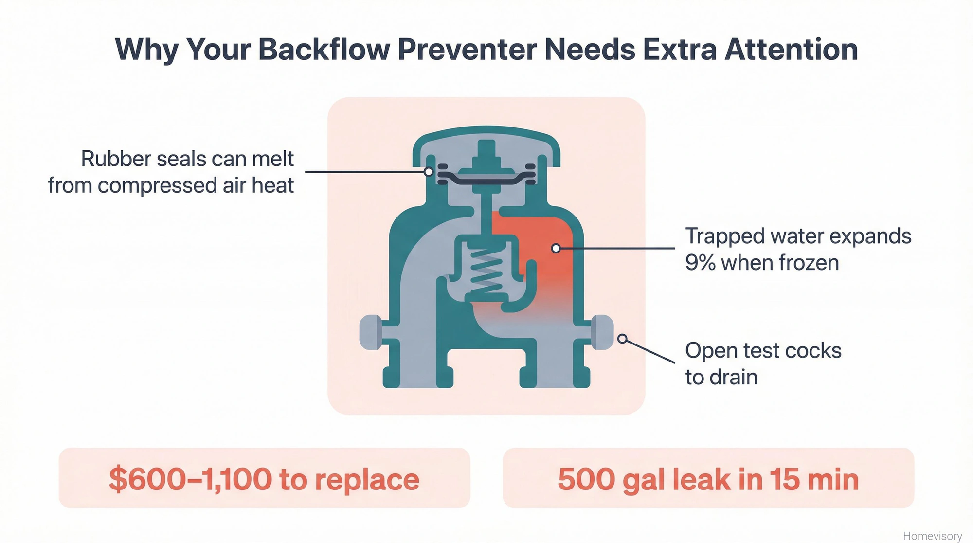 Cross-section diagram of a backflow preventer showing vulnerable areas including rubber seals, water chamber, and drain test cocks