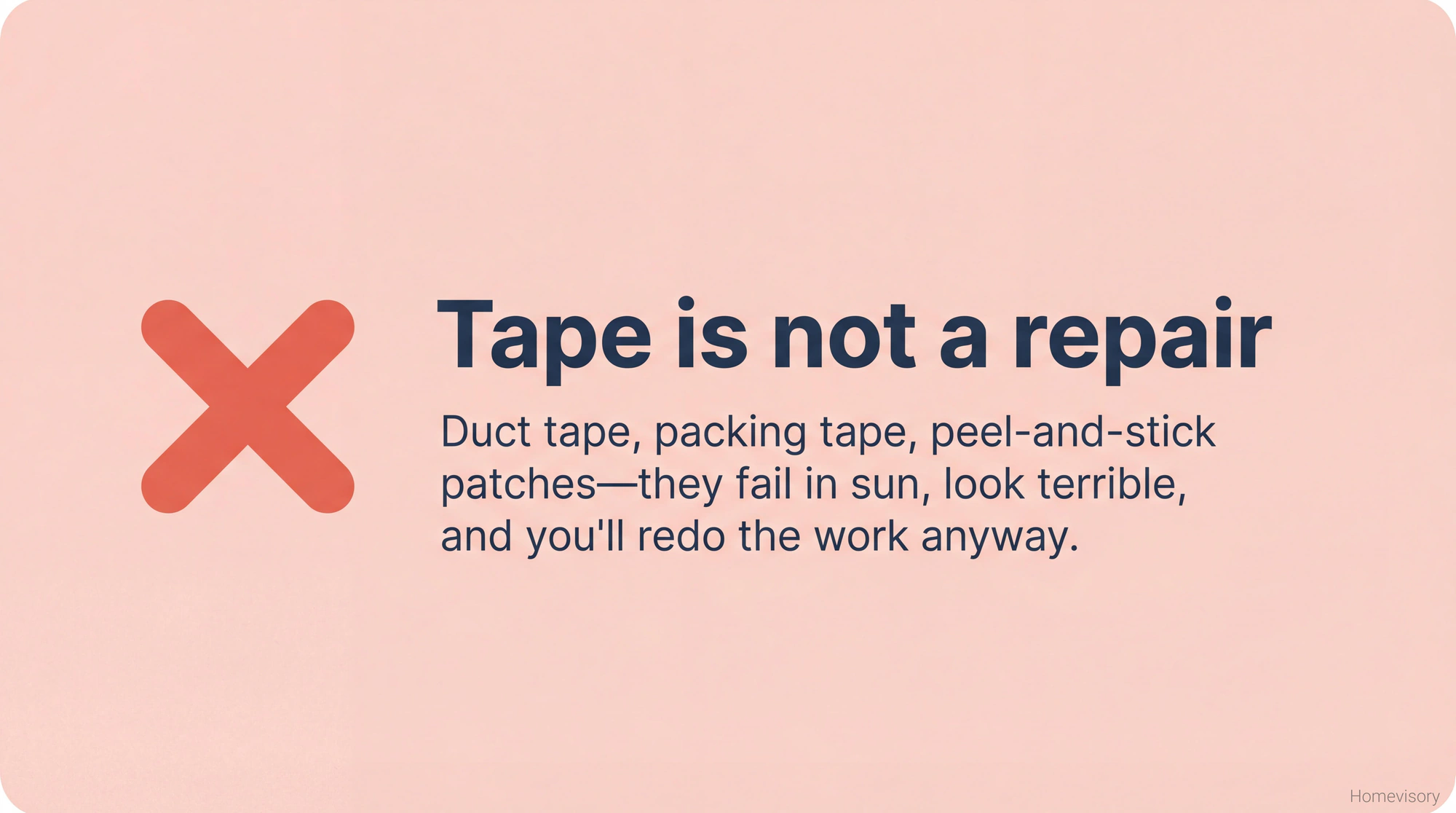 Warning banner stating tape is not a repair for screen doors, explaining that tape fixes fail in sun and look terrible