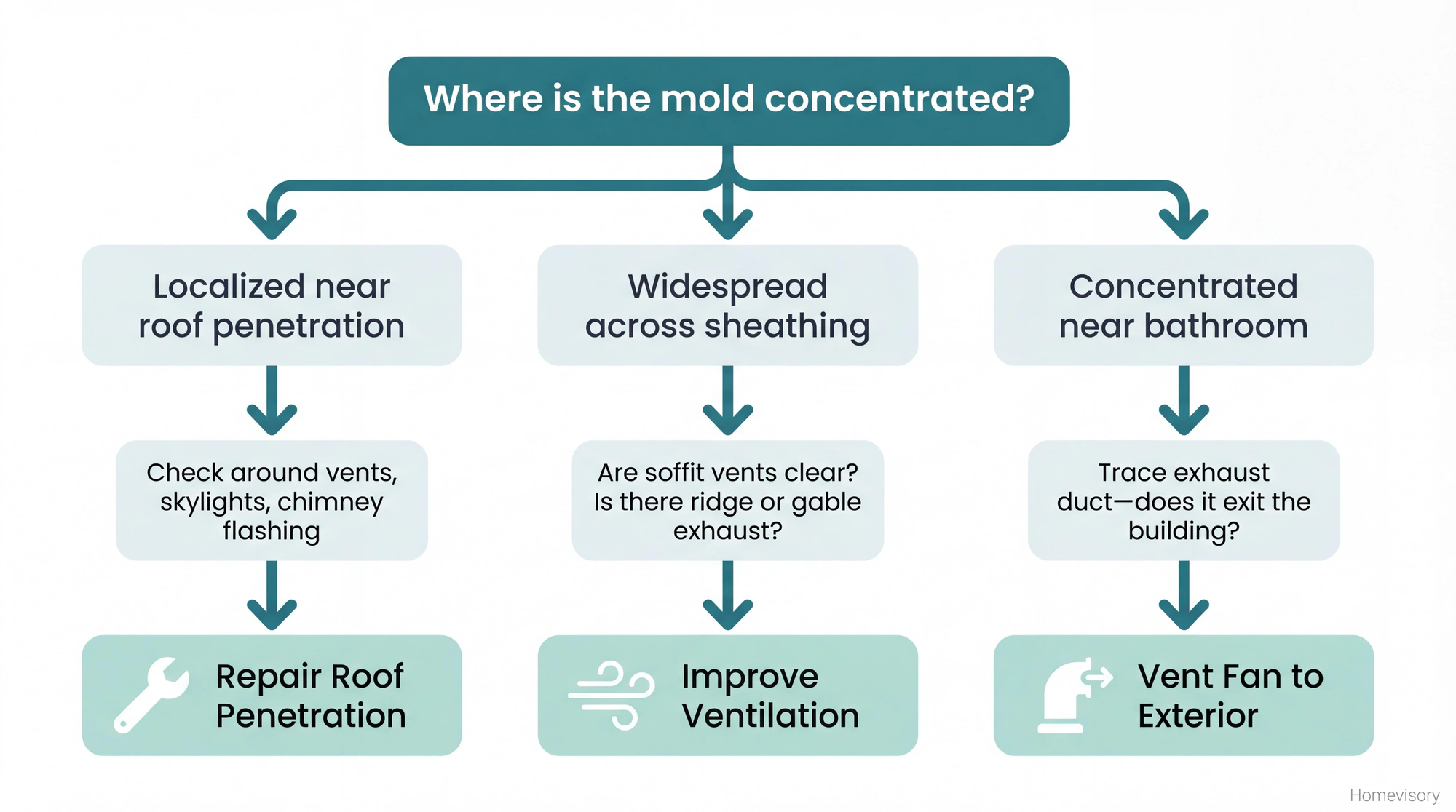 Flowchart for diagnosing attic mold moisture sources, branching from mold location to three causes: roof leak, ventilation issues, or bathroom exhaust venting into attic