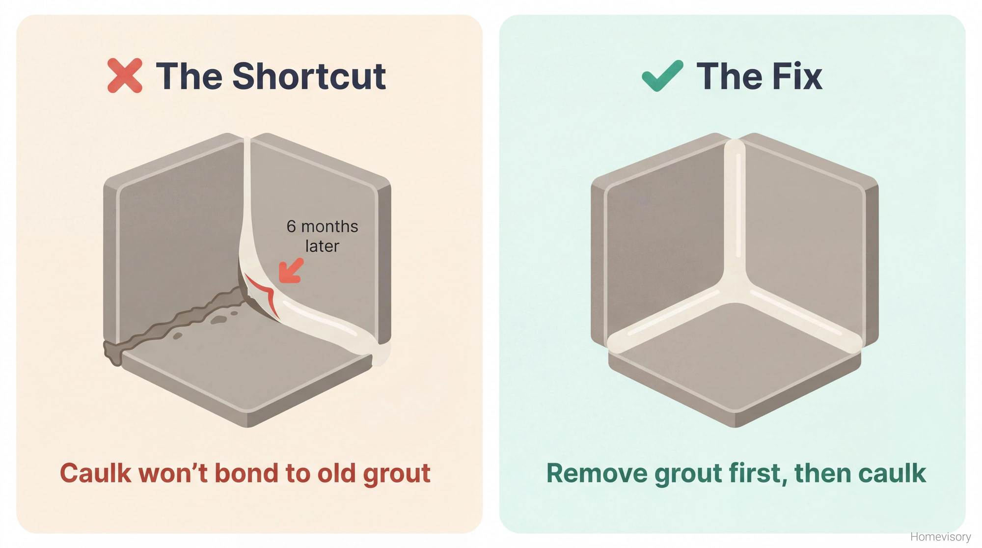 Comparison showing why caulking over old grout fails within months versus properly removing grout before applying caulk for a lasting seal