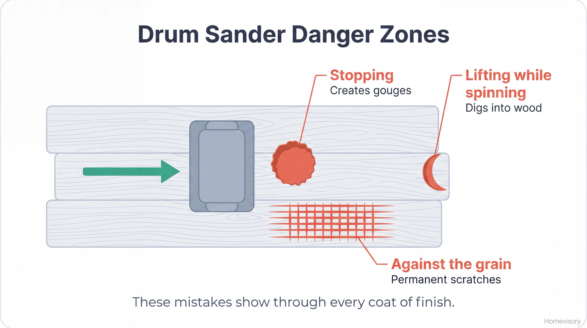 Top-down diagram of a drum sander on hardwood floor showing three danger zones: stopping causes gouges, lifting while spinning digs into wood, and sanding against the grain creates permanent scratches
