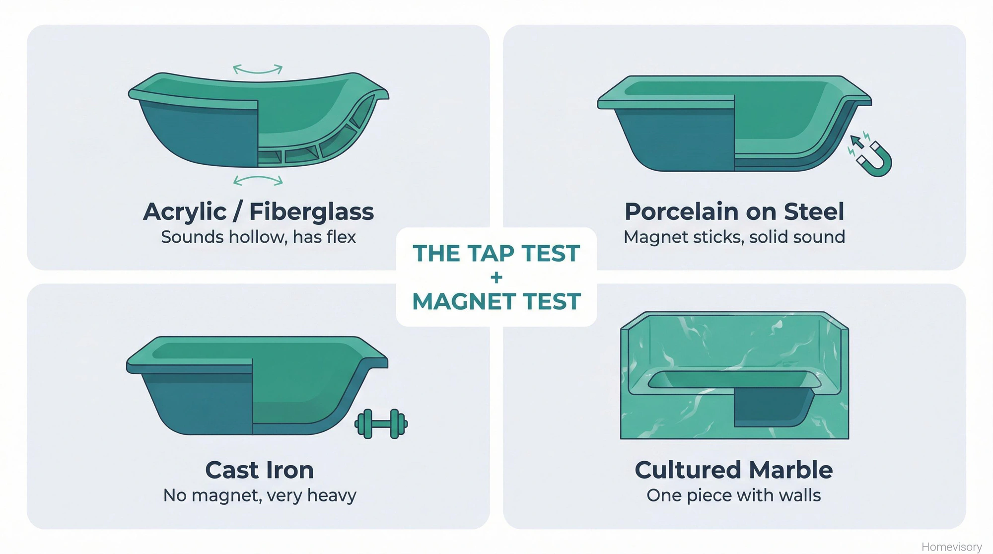 Four-quadrant diagram showing cross-sections of acrylic, porcelain-on-steel, cast iron, and cultured marble bathtubs with identification tips for each type