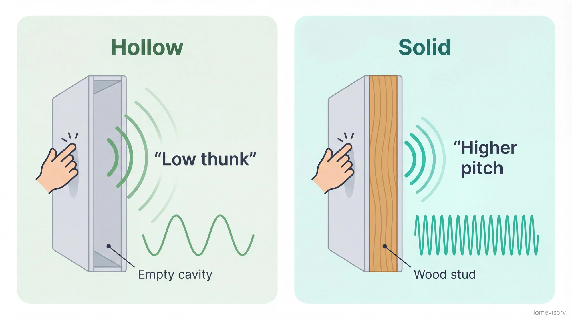 Side-by-side cross-section diagrams comparing hollow wall sound with wide dissipating waves versus solid stud sound with tight bouncing waves